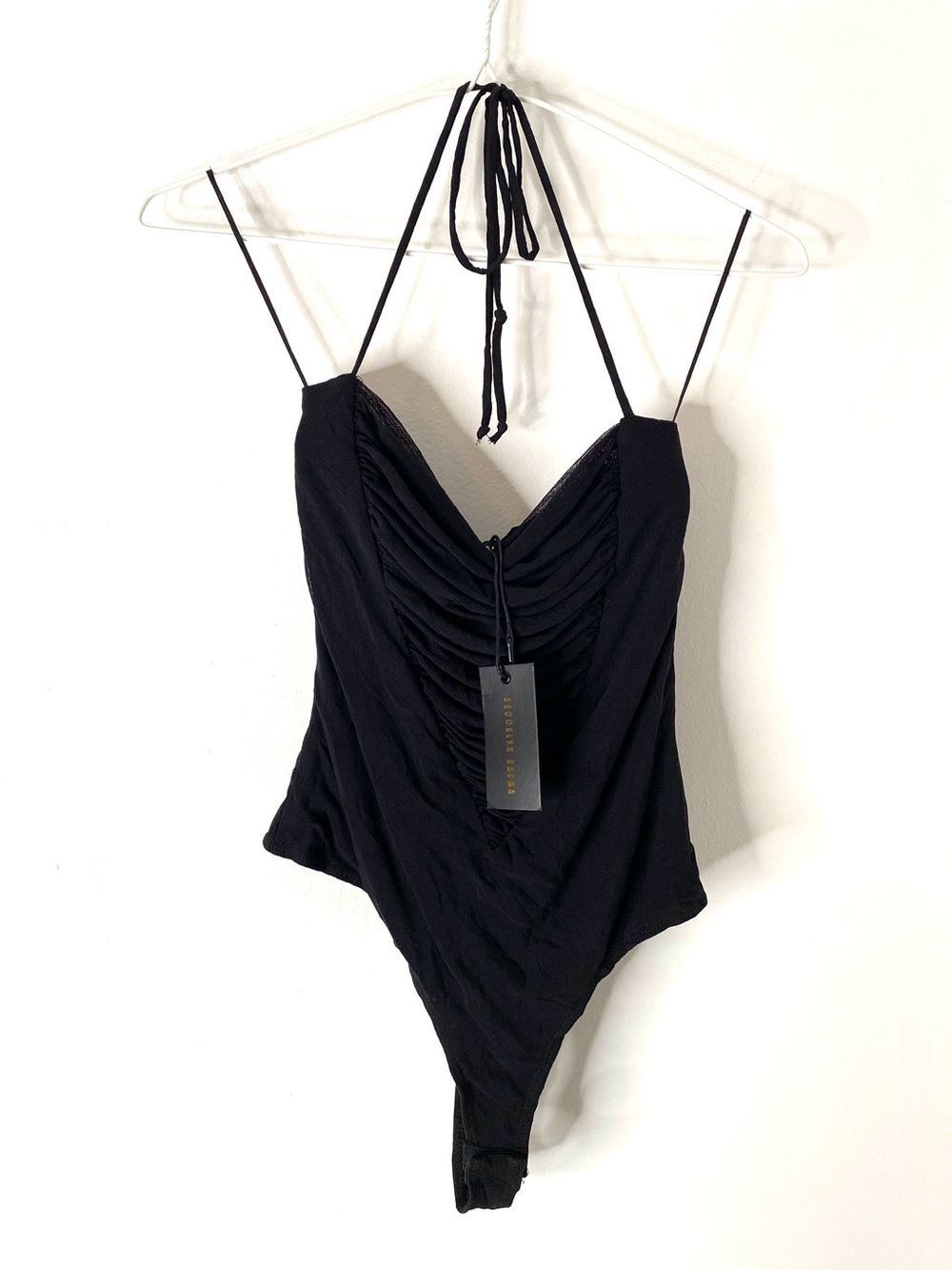 Black Halter Bodysuit Ruched V Front Tie Neck Snap Closure NWT Brooklyn Karma